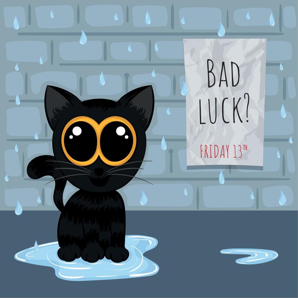 Crying cat on a raining street Bad luck Friday thirteen Vector illustration