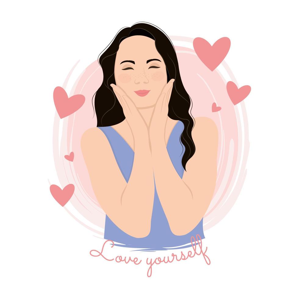 Cute girl with hearts around hugging herself Self love Vector illustration