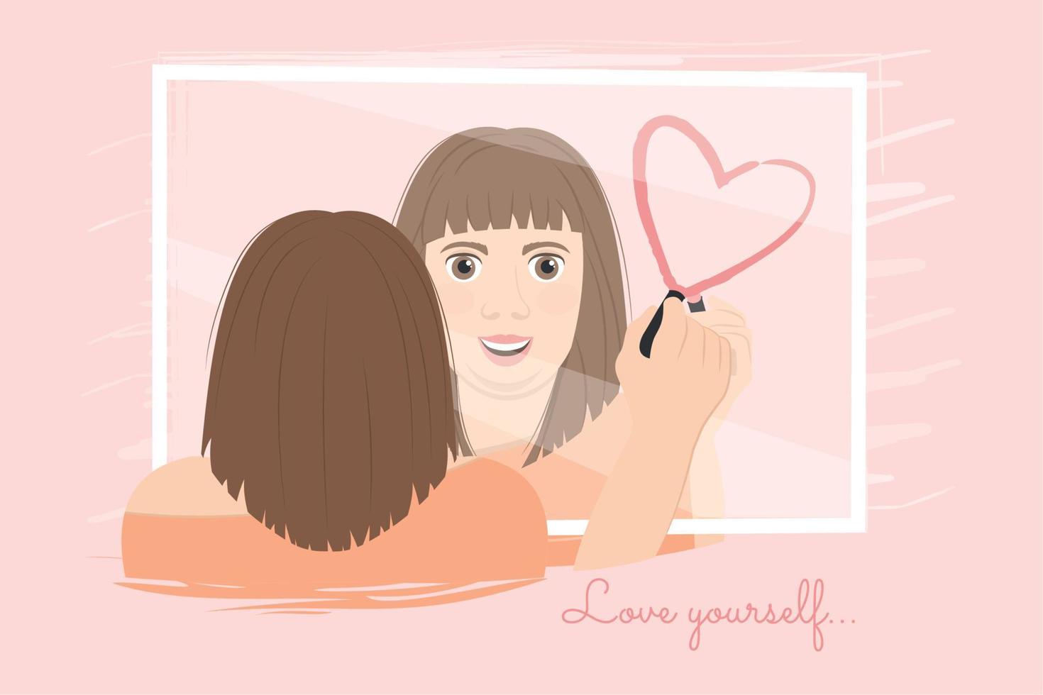 linda chica mirándose a sí misma en el espejo amor propio ilustración vectorial vector