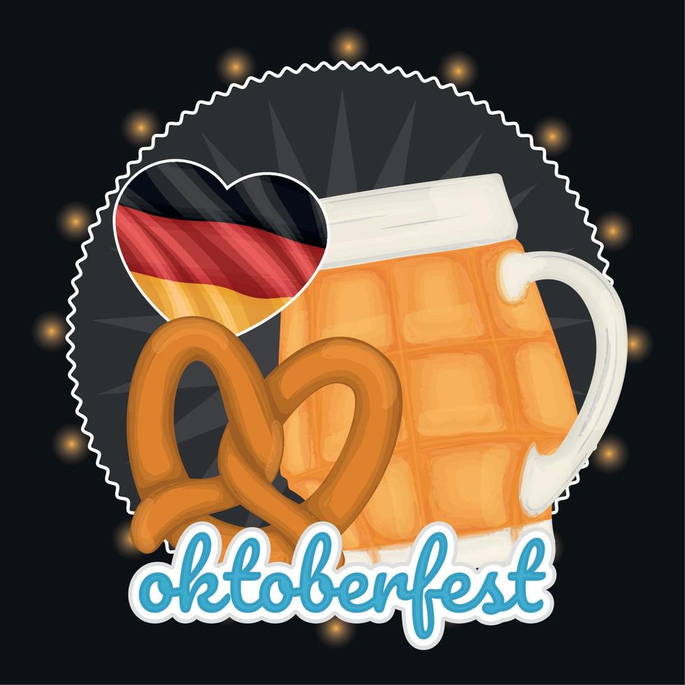 vaso de cerveza con un pretzel y una forma de corazón con la bandera de ilustración vectorial alemana vector