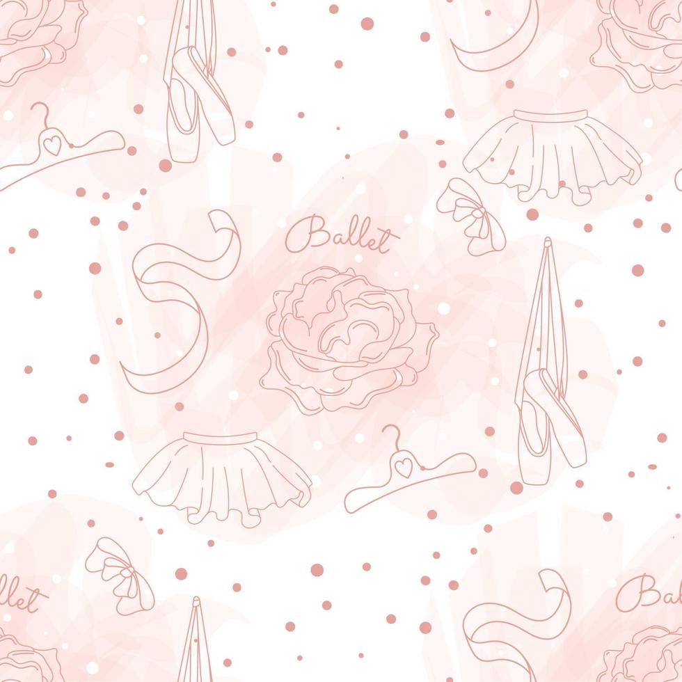 Colored seamless background with sketches of ballet shoes and uniforms Vector illustration