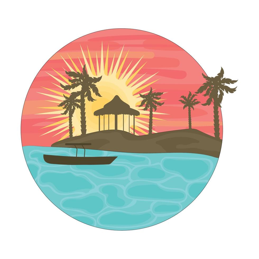 Colored beach landscape with a sunset and silhouette Vector illustration