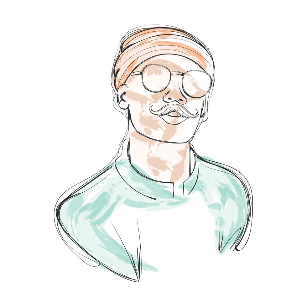 Isolated watercolor sketch of hipster with mustache and eyeglasses Vector illustration