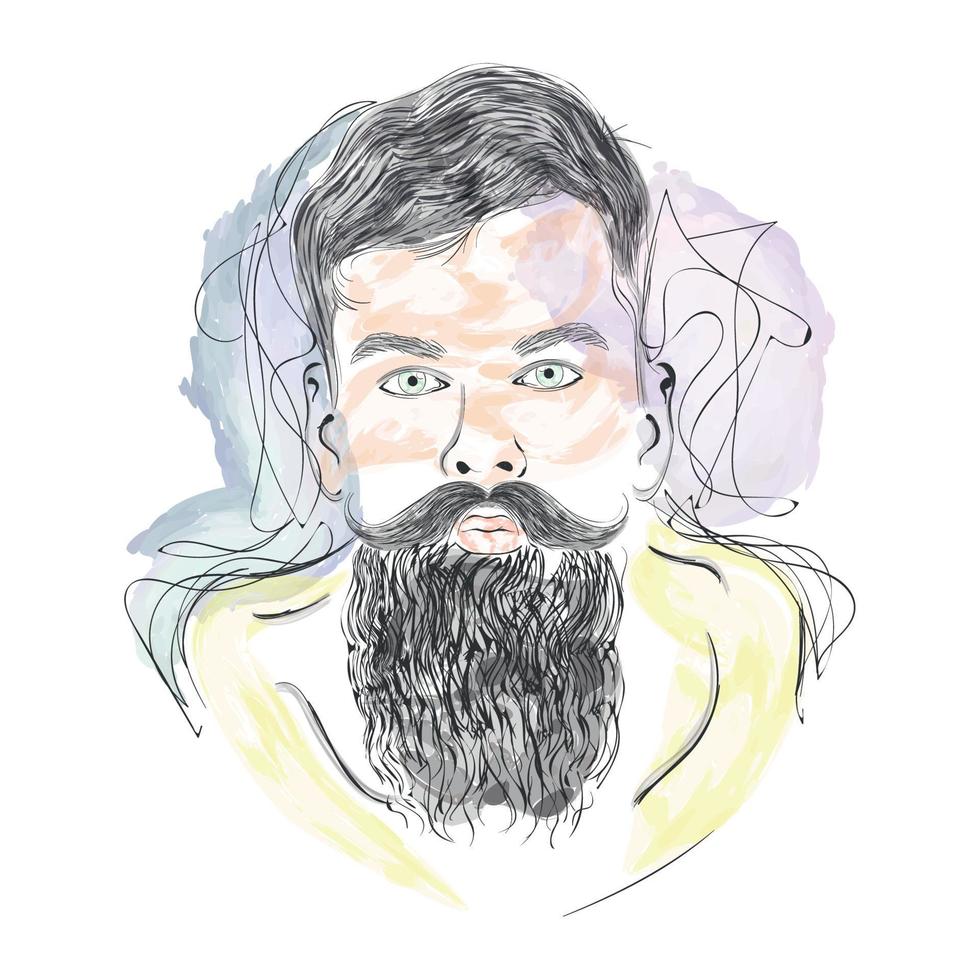 boceto de acuarela aislado de un hipster con una ilustración de vector de barba