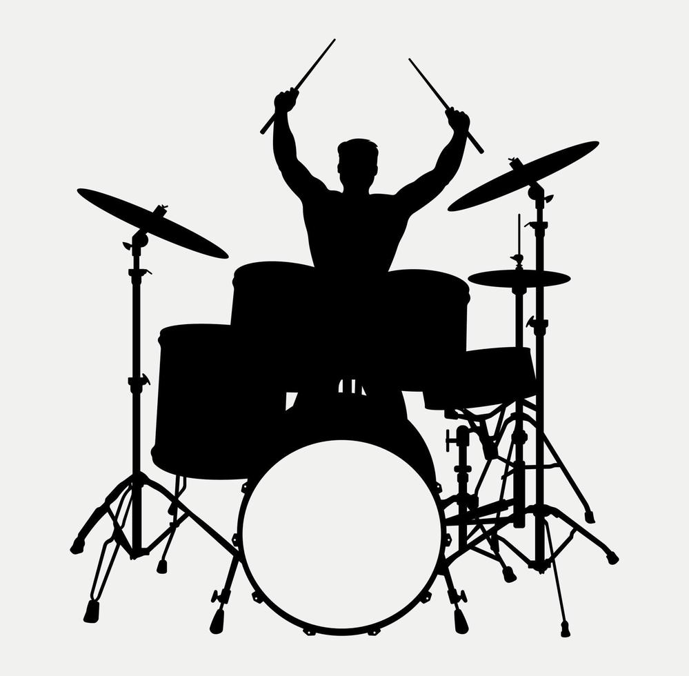 silueta de baterista, silueta de kit de batería acústica, instrumento musical de percusión trap set vector