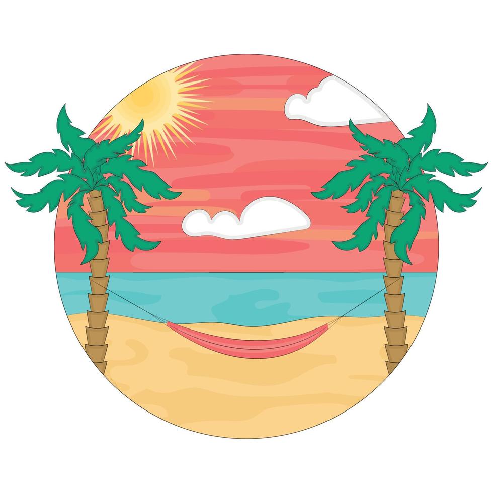 Colored round beach landscape with palm trees Vector illustration