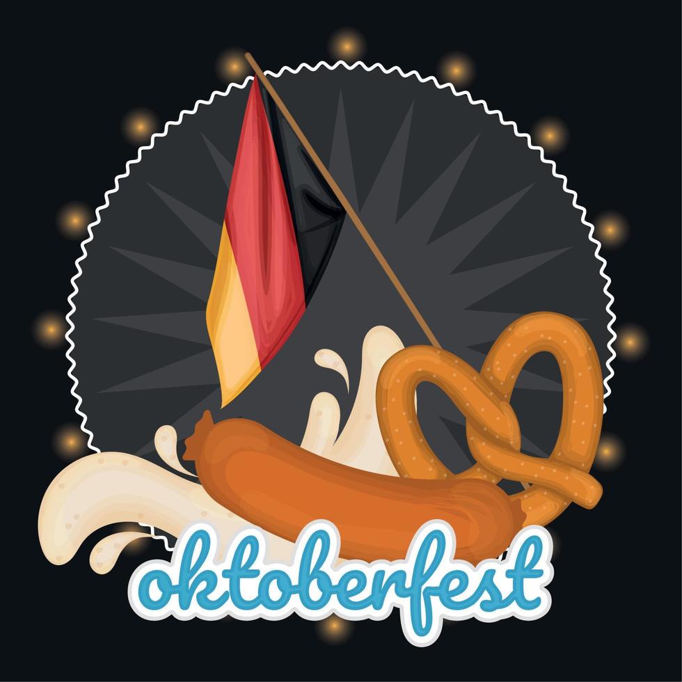 Beer foam with german sausage pretzel and flag of Germany Oktoberfest Vector illustration