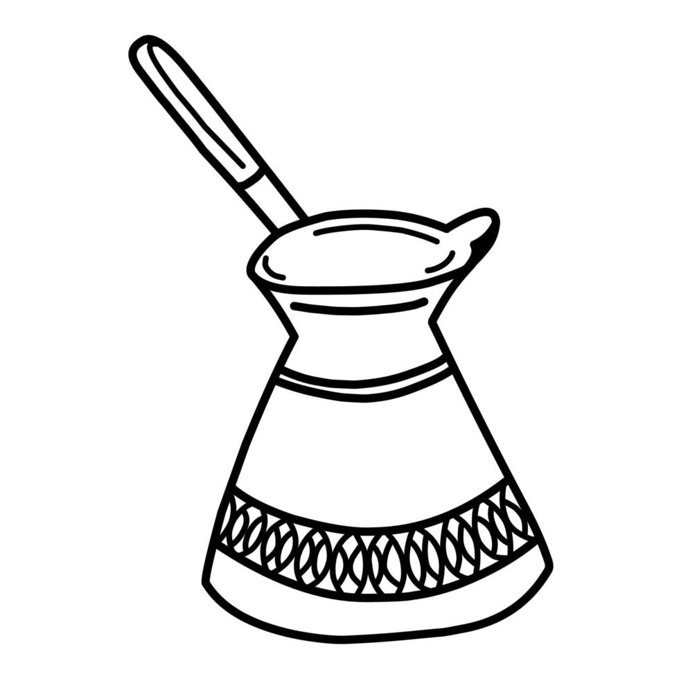 Cezve. Coffee maker. Dishes for brewing coffee. Coloring pages. Black outline, vector graphics