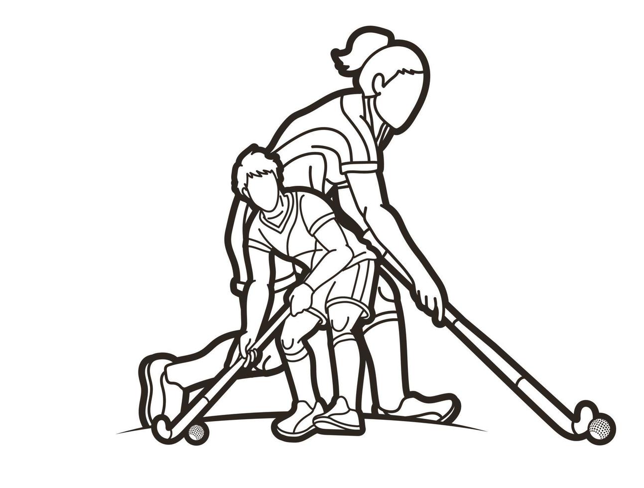 Outline Field Hockey Sport Man and Woman Players vector