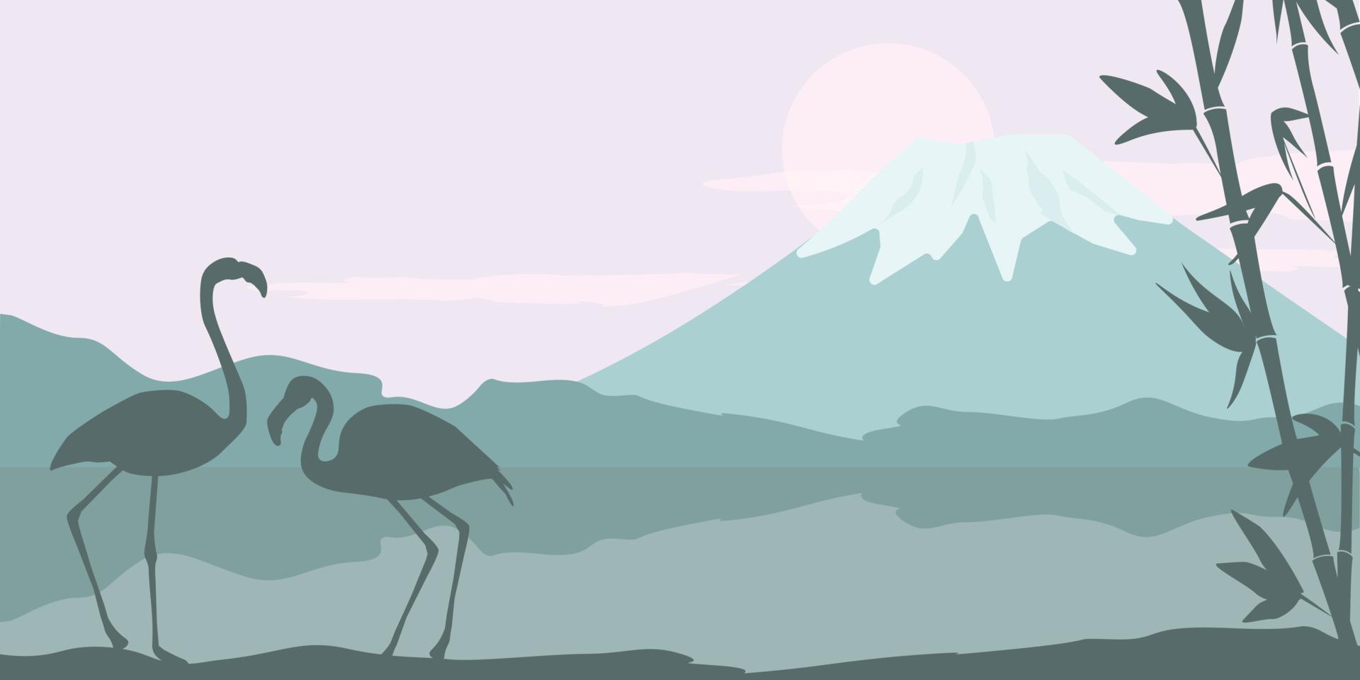 Horizontal banner with a natural landscape. Silhouettes of flamingos against the background of water, lakes and mountains, a sunny circle. Vector graphics.