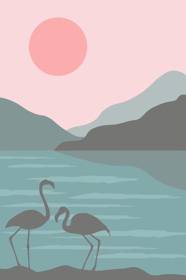 Horizontal banner with a natural landscape. Silhouettes of flamingos against the background of water, lakes and mountains, a sunny circle. Vector graphics.