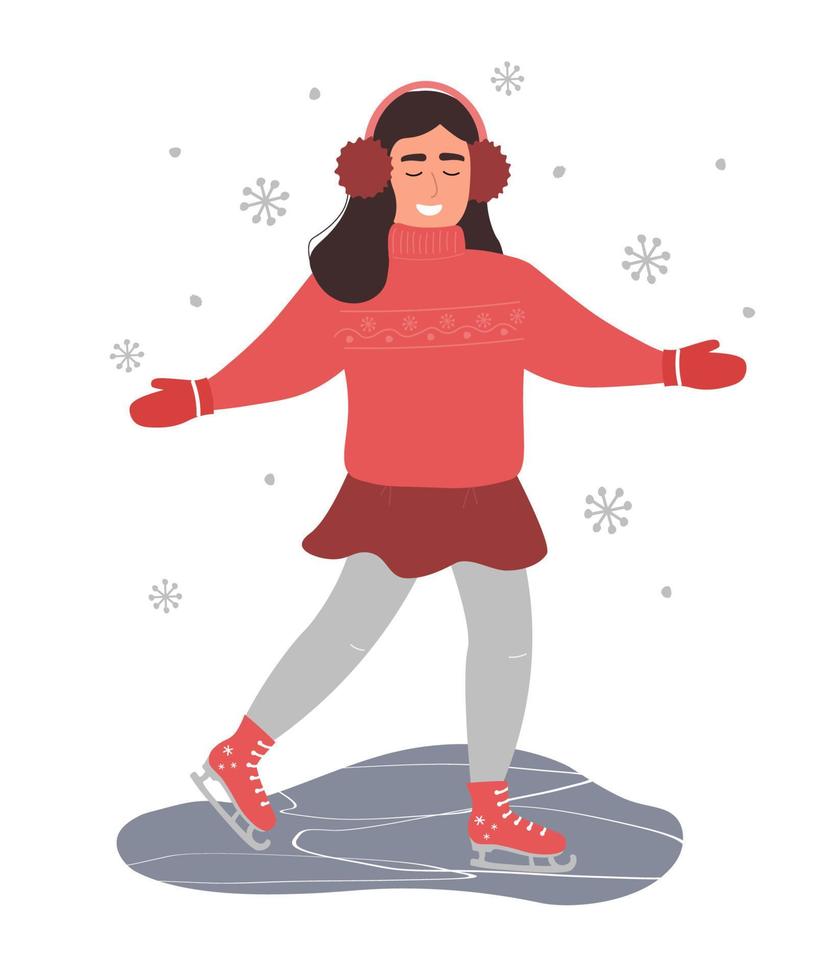 A girl skates on ice in winter in a warm sweater and mittens. Vector graphics.