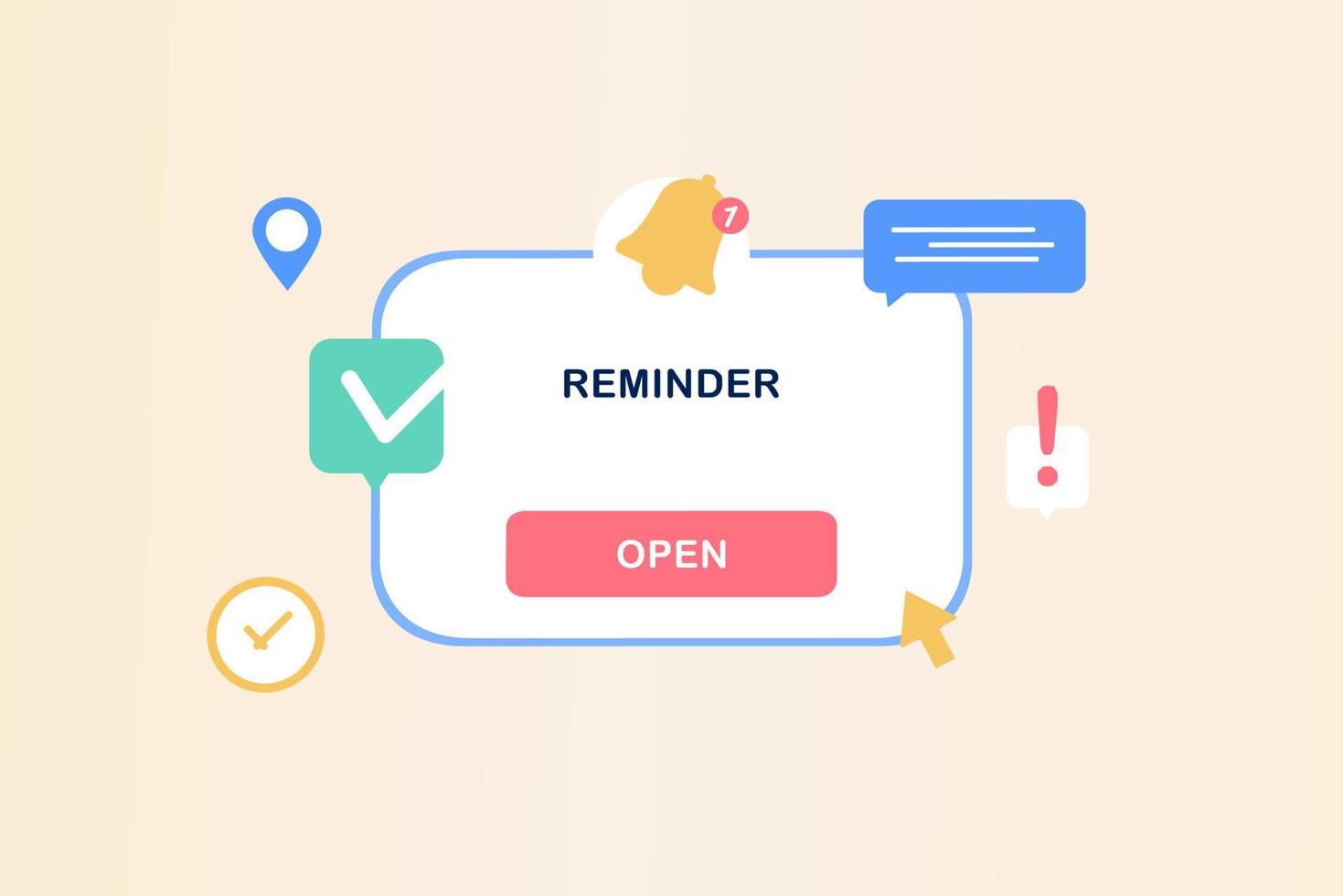 Reminder, notifications page, notice warning. Alert for business planning, email marketing, online advertising, important events push, calendar reminder and timetable concept. Vector illustration.