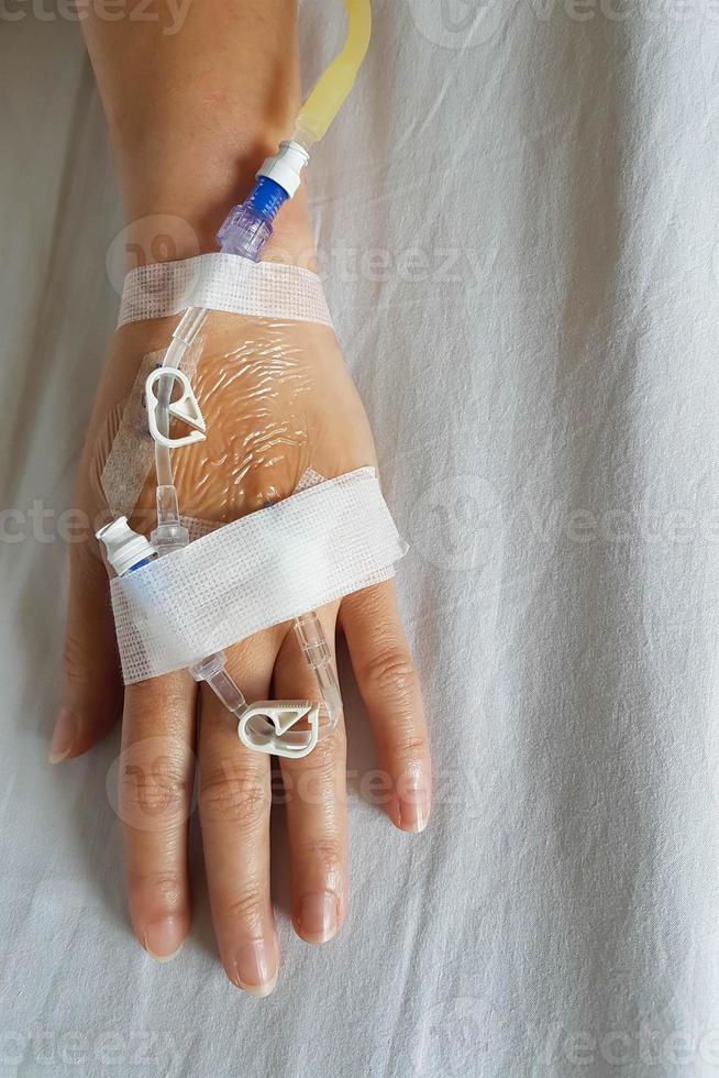 Hand of patient with dropper infusion needle for intravenous infusion in close-up. photo
