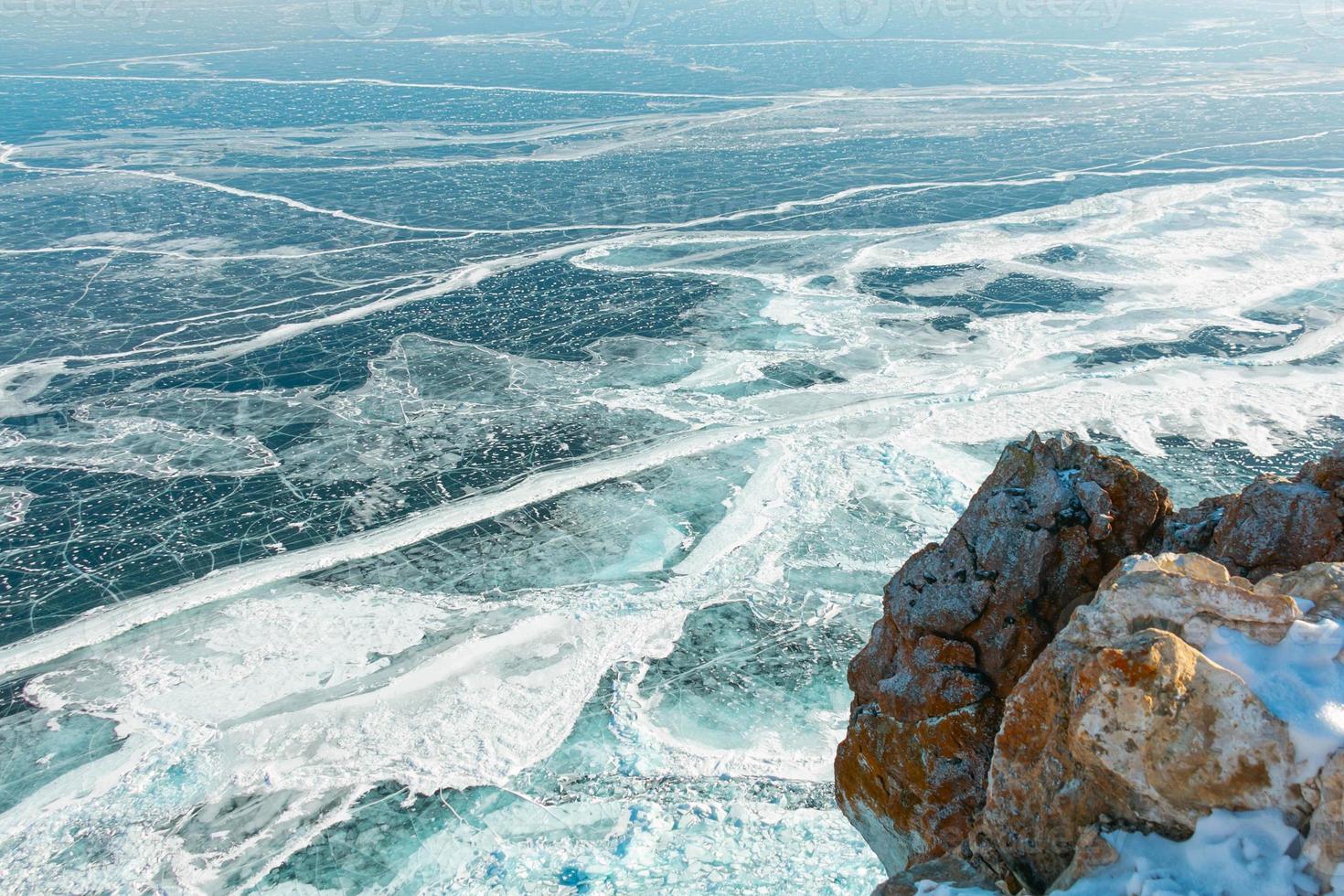 Amazing textured and patterned of Lake Baikal ice surface from high view point in Siberia, Russia. photo