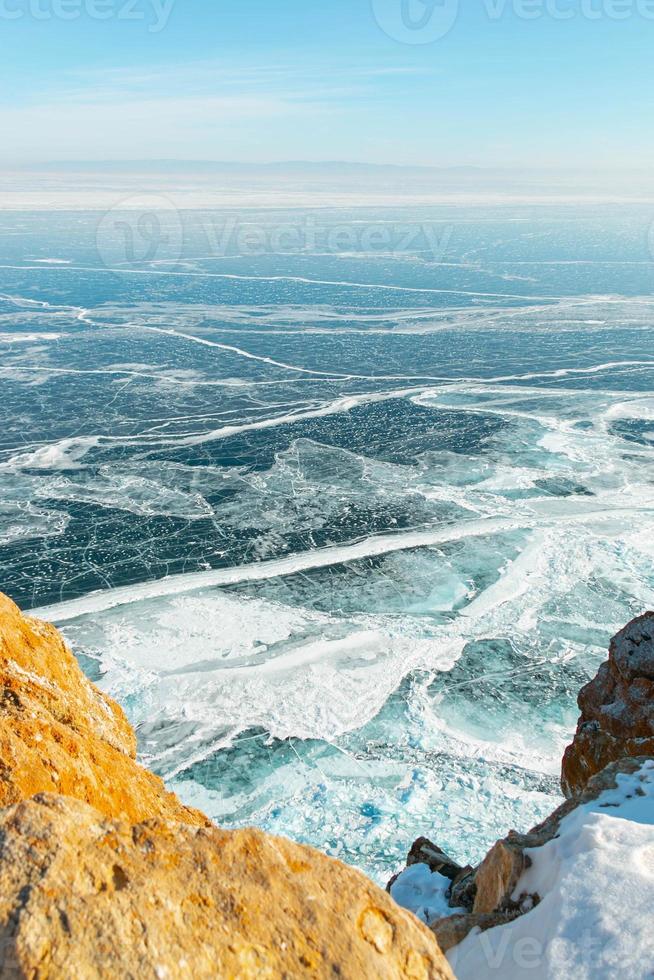 Amazing textured and patterned of Lake Baikal ice surface from high view point in Siberia, Russia. photo