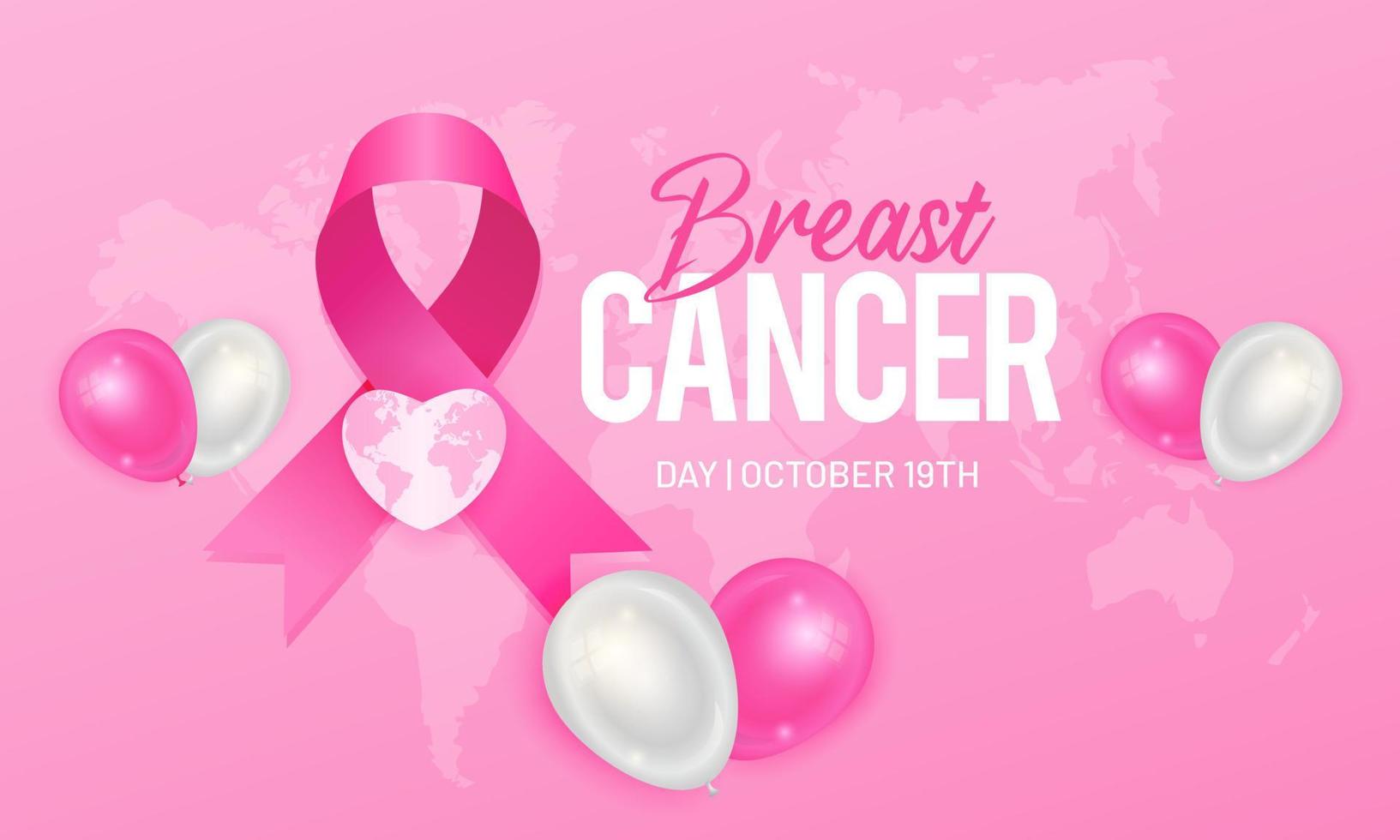 feliz día del cáncer de mama 19 de octubre ilustración banner horizontal con globos de cinta rosa en el fondo de mapas globales vector