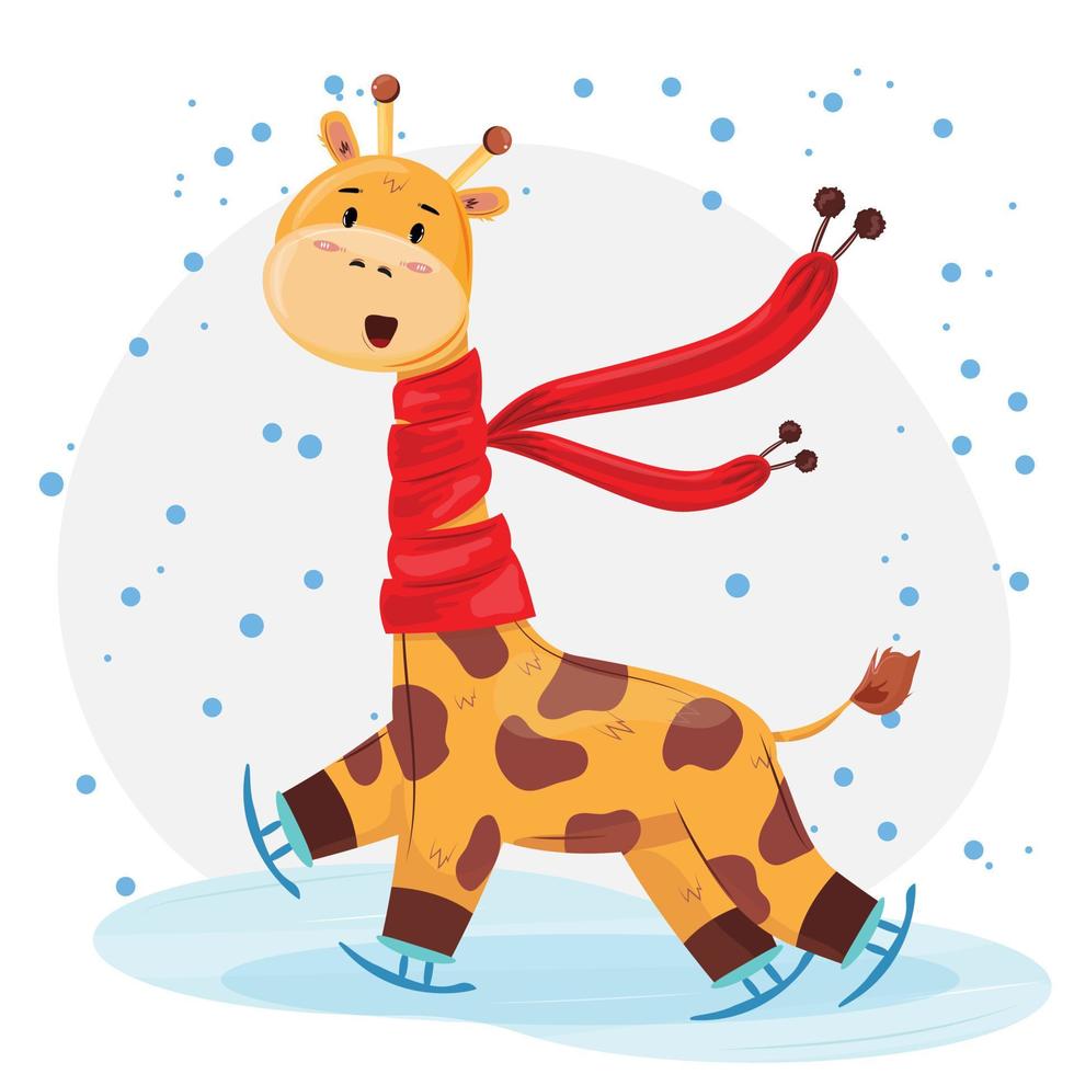 Cute giraffe ice scatting in the snow. Winter illustration with the