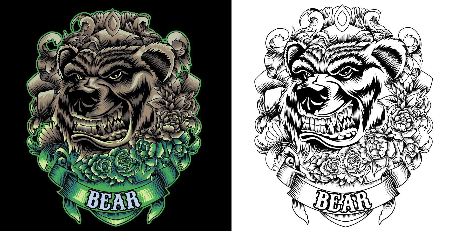 angry bear with roses and ornament around vector