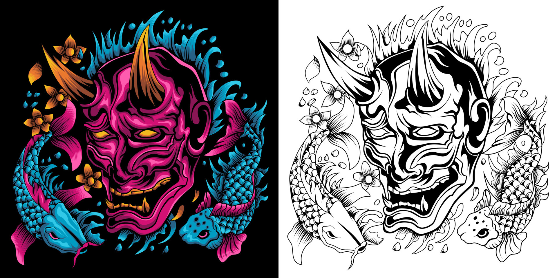 oni mask with koi fish vector illustration 11667970 Vector Art at Vecteezy