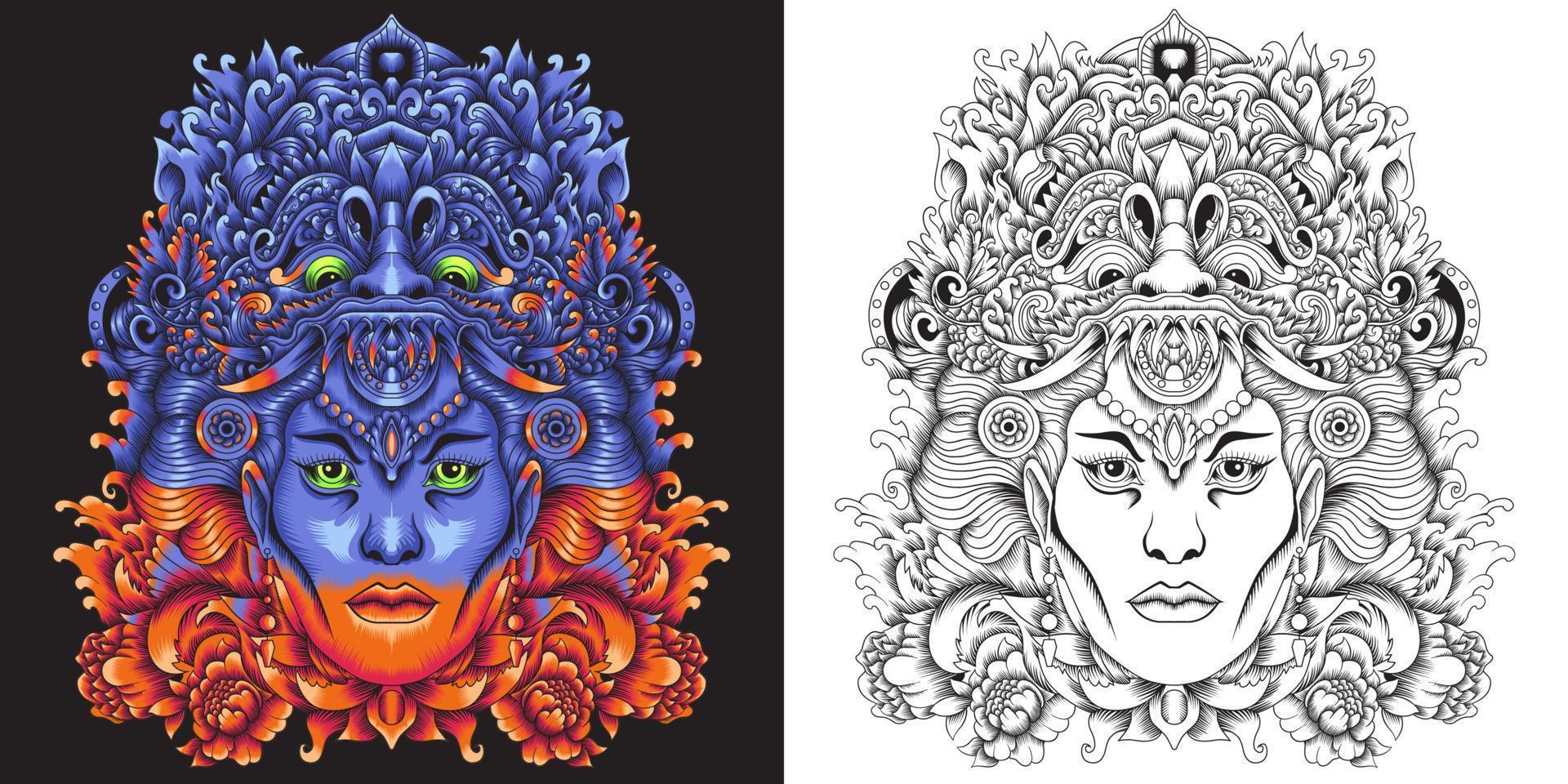 barong mask with balinese girl vector illustration