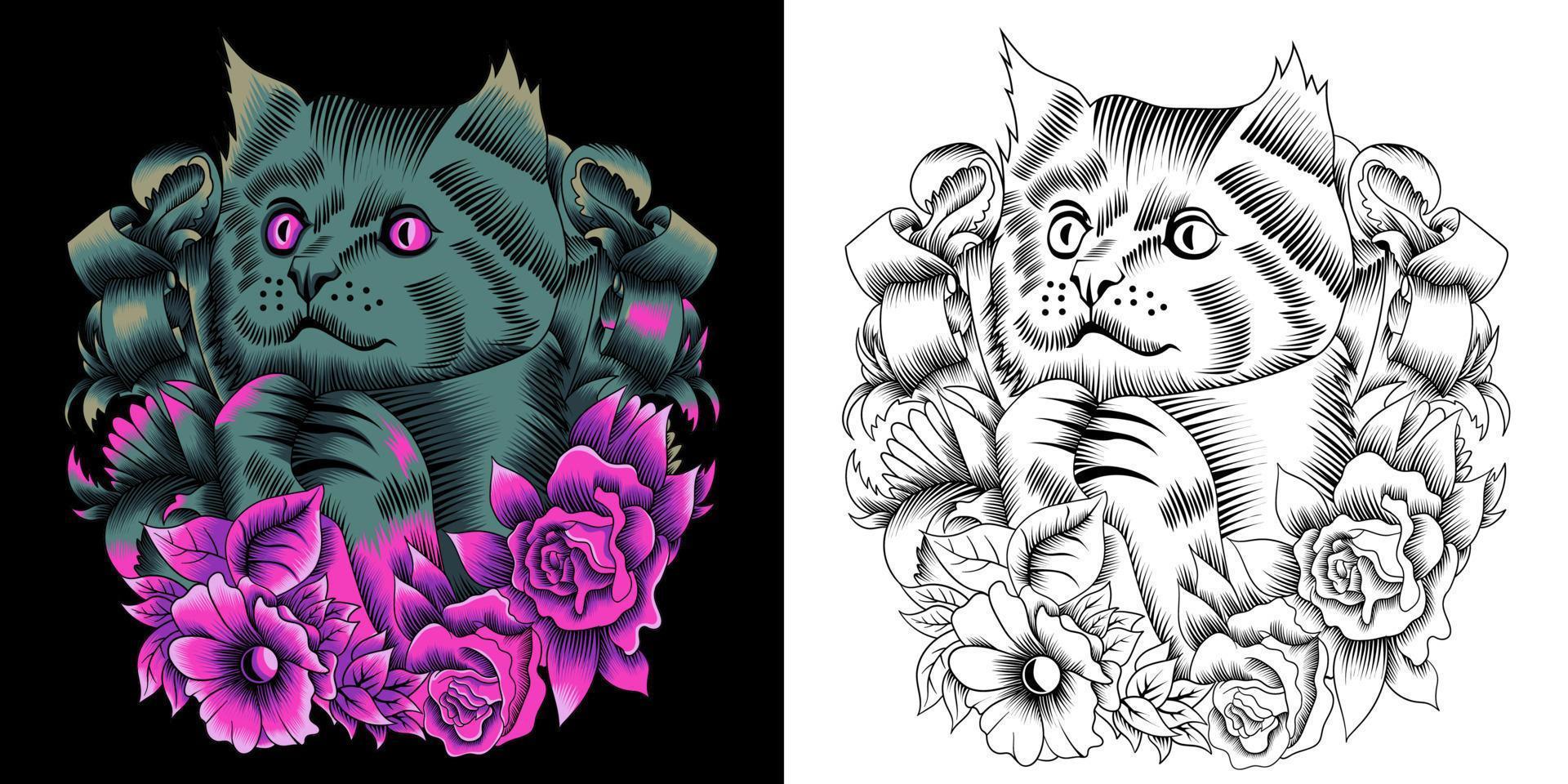 cat with roses vector illustration
