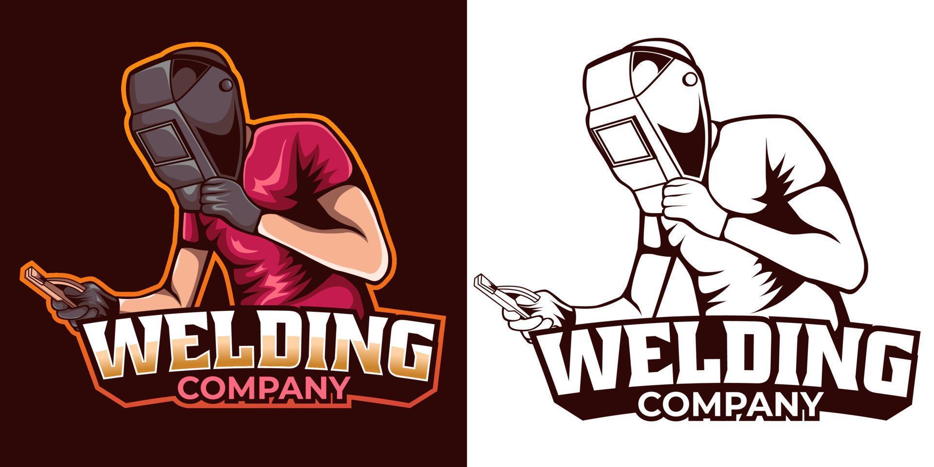 welder working with weld helmet in badge design style vector