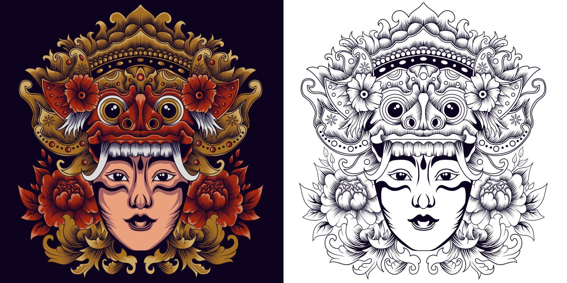 máscara de barong con ilustración de vector de niña balinesa