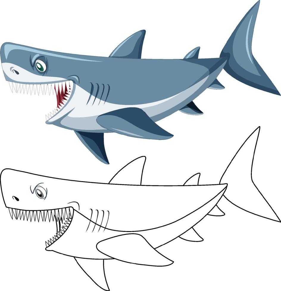 personaje de dibujos animados de tiburón con su contorno de garabato vector