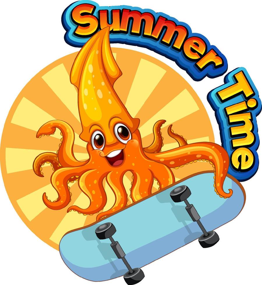 palabra de verano con dibujos animados de calamar vector
