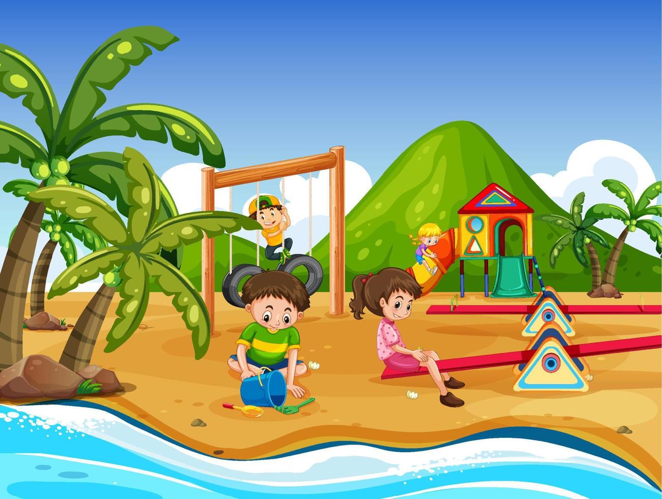 Beach playground with happy children vector