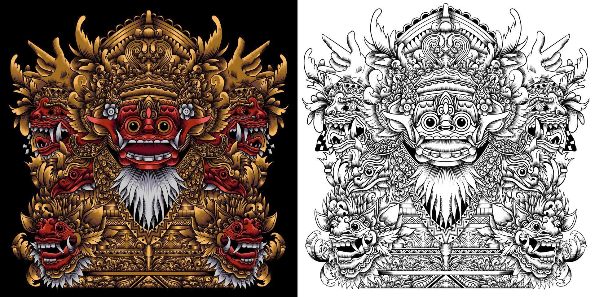 ilustración de vector de máscara balinesa barong en estilo detallado