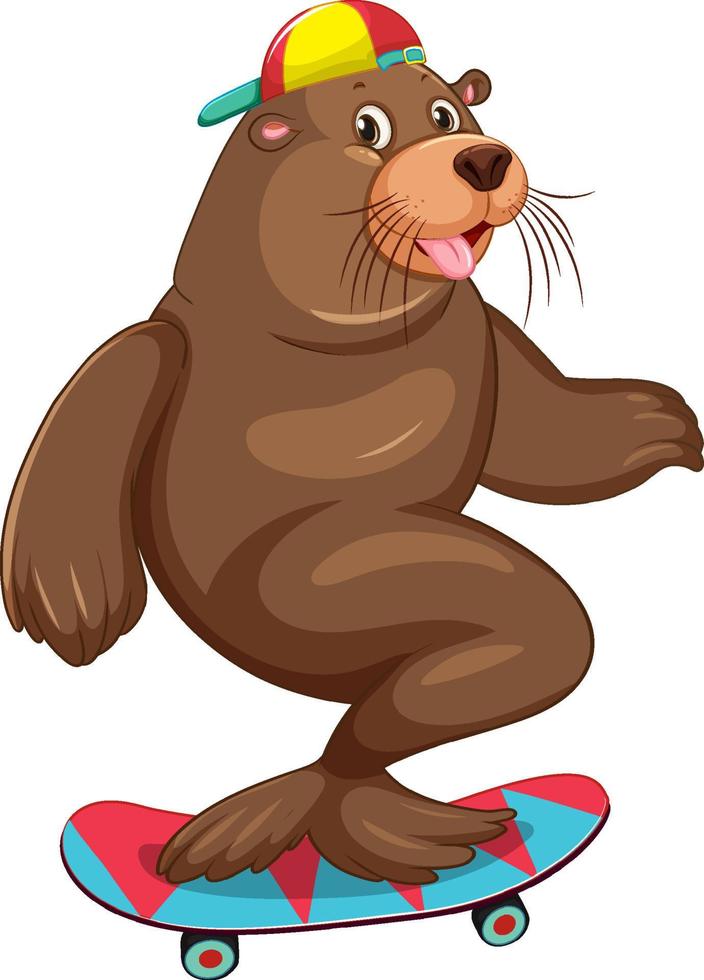 Cute sea lion play skateboard on white background vector
