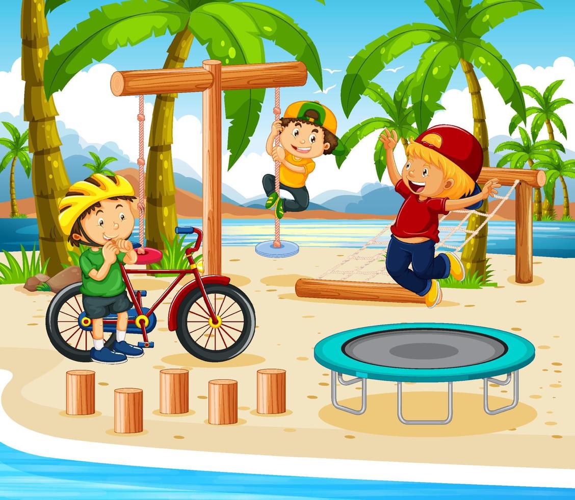 Beach playground with happy children vector