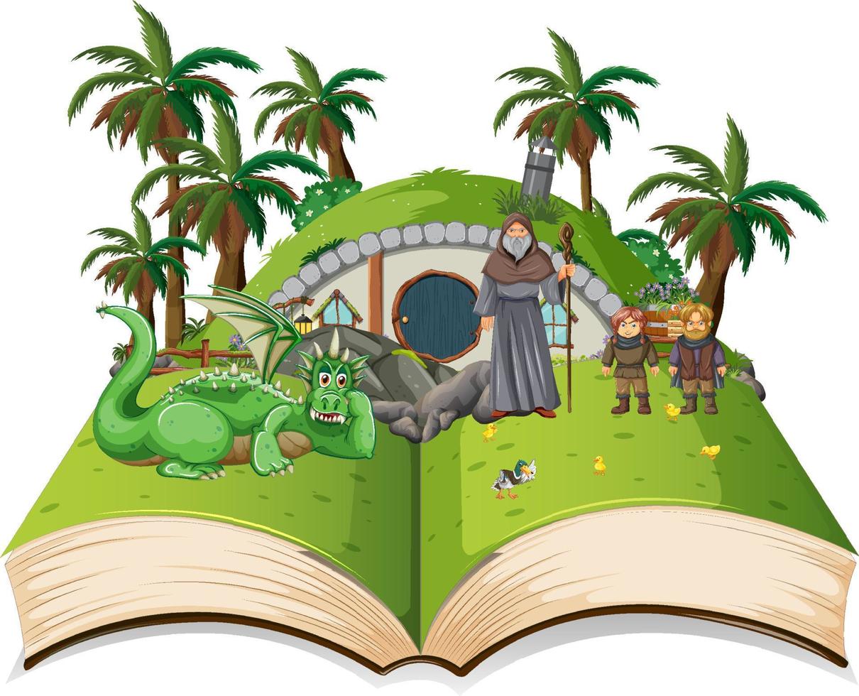 escena de la tierra mágica medieval en libro abierto vector