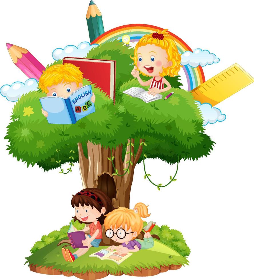 niños con árbol sobre fondo blanco vector