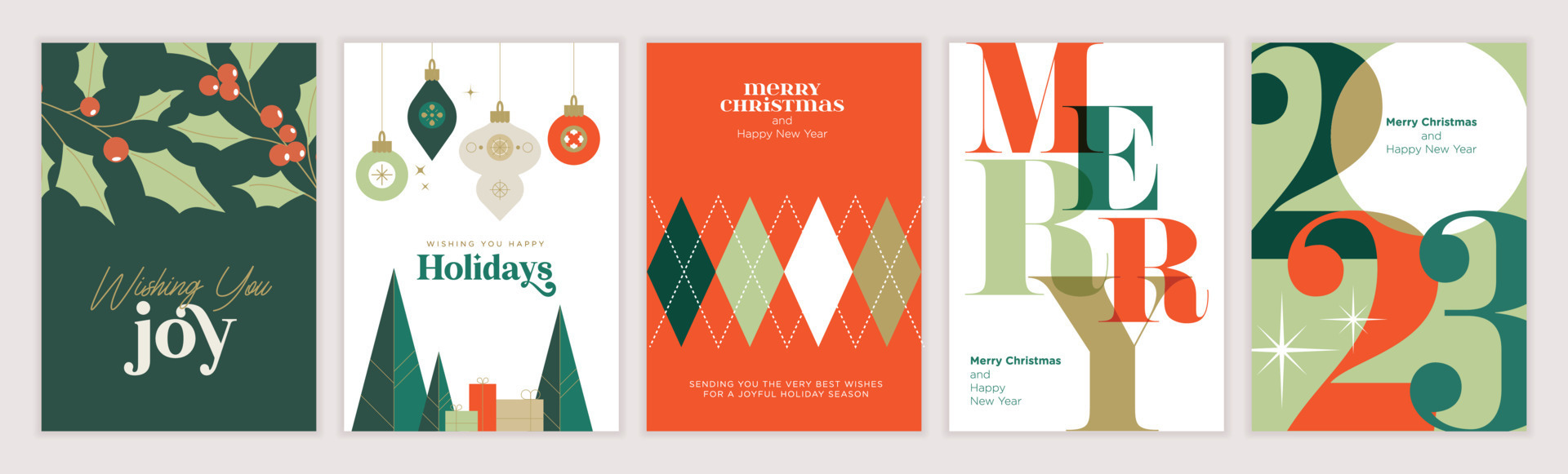 2023 Merry Christmas and Happy New Year greeting cards templates. Vector illustrations for