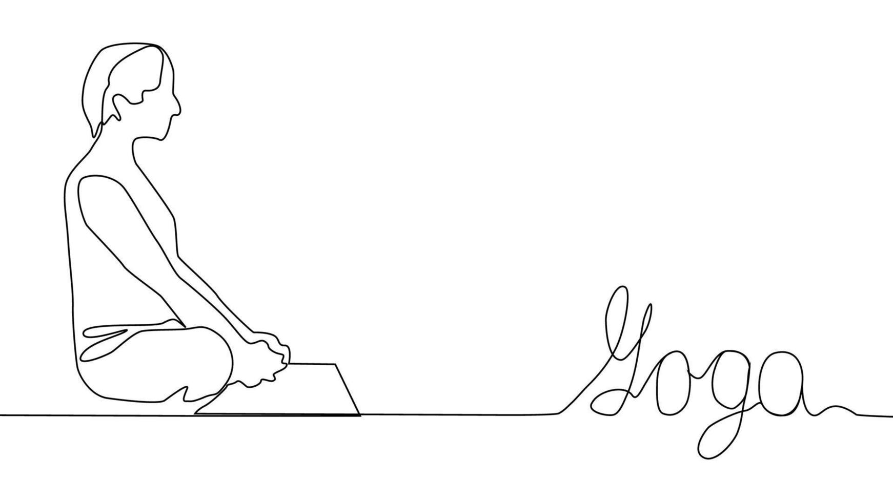 Yoga, woman, man practices yoga while sitting in the lotus position. Continuous line drawing vector