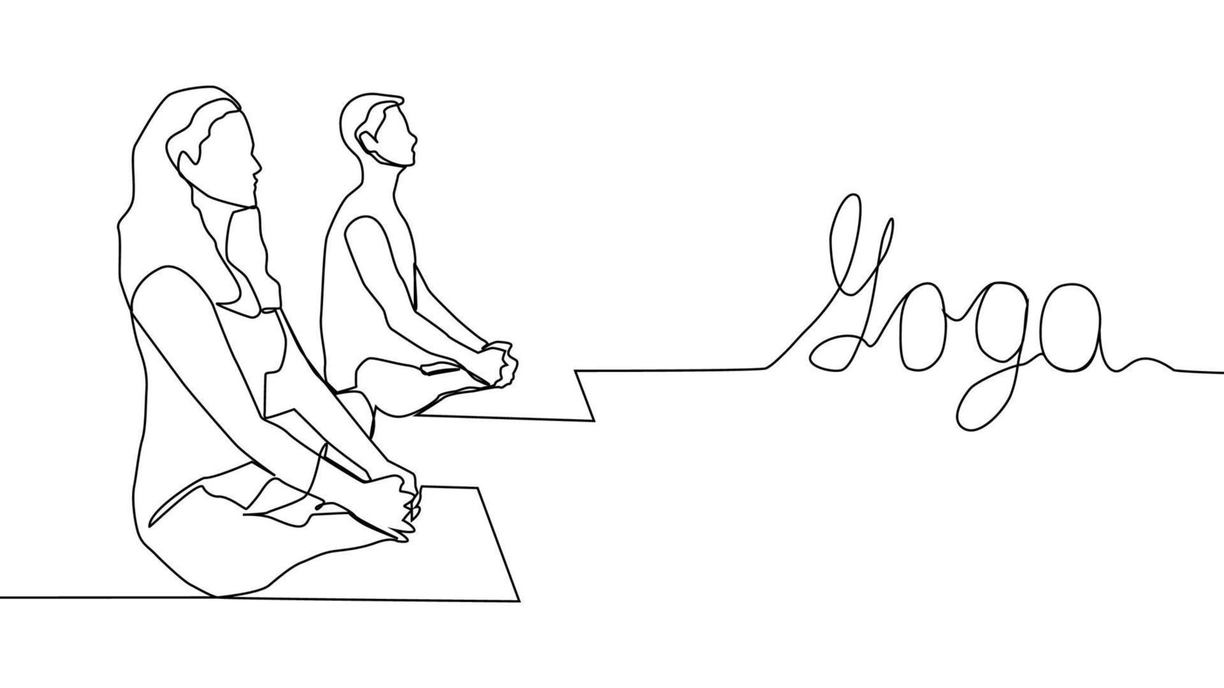Yoga, woman, man practices yoga while sitting in the lotus position. Continuous line drawing vector