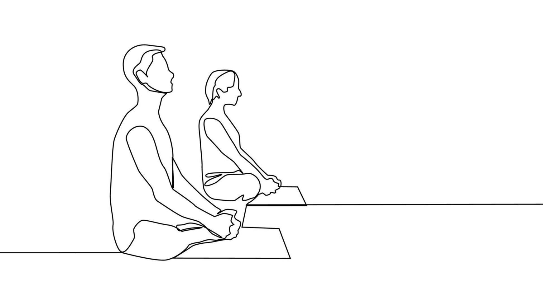 yoga, mujer, hombre practica yoga sentado en posición de loto. dibujo de línea continua vector