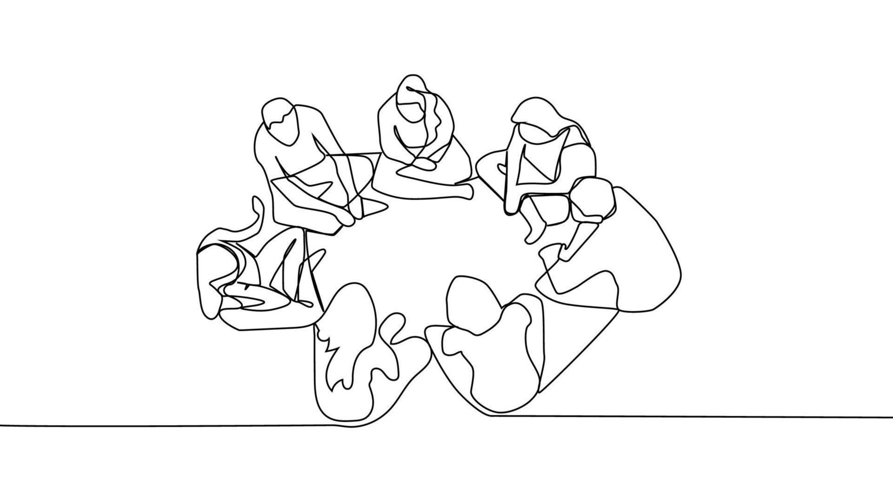 Continuous line drawing group of people sitting, standing, meeting and support vector