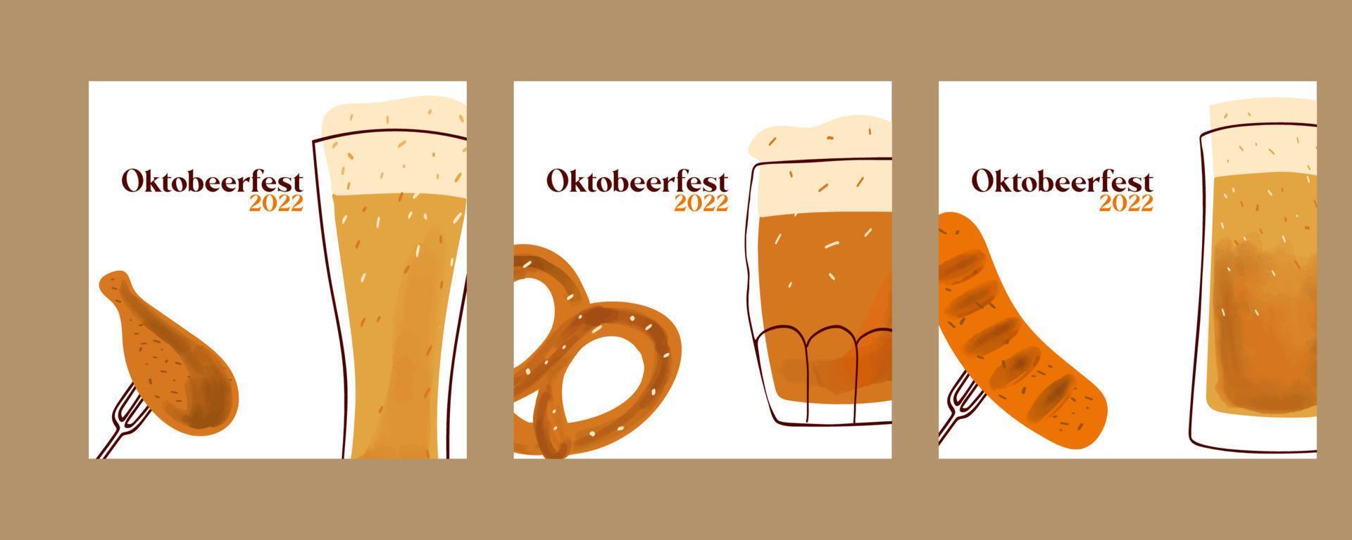 oktobeerfest 2022 tarjeta de felicitación ilustración estilizada con jarras de cerveza, con aperitivos tradicionales pretzels y salchicha frita sobre un fondo blanco vector