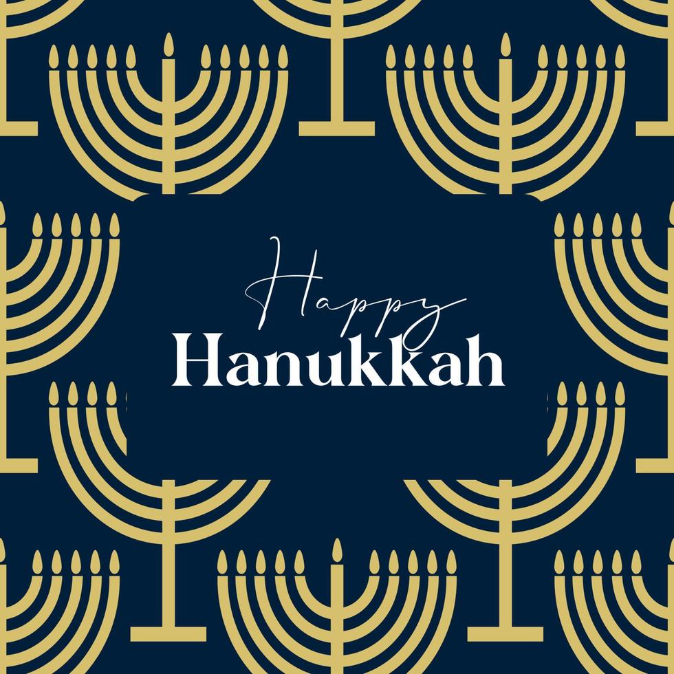 Happy Hanukkah card design with gold symbols on blue color background for Hanukkah Jewish holiday vector