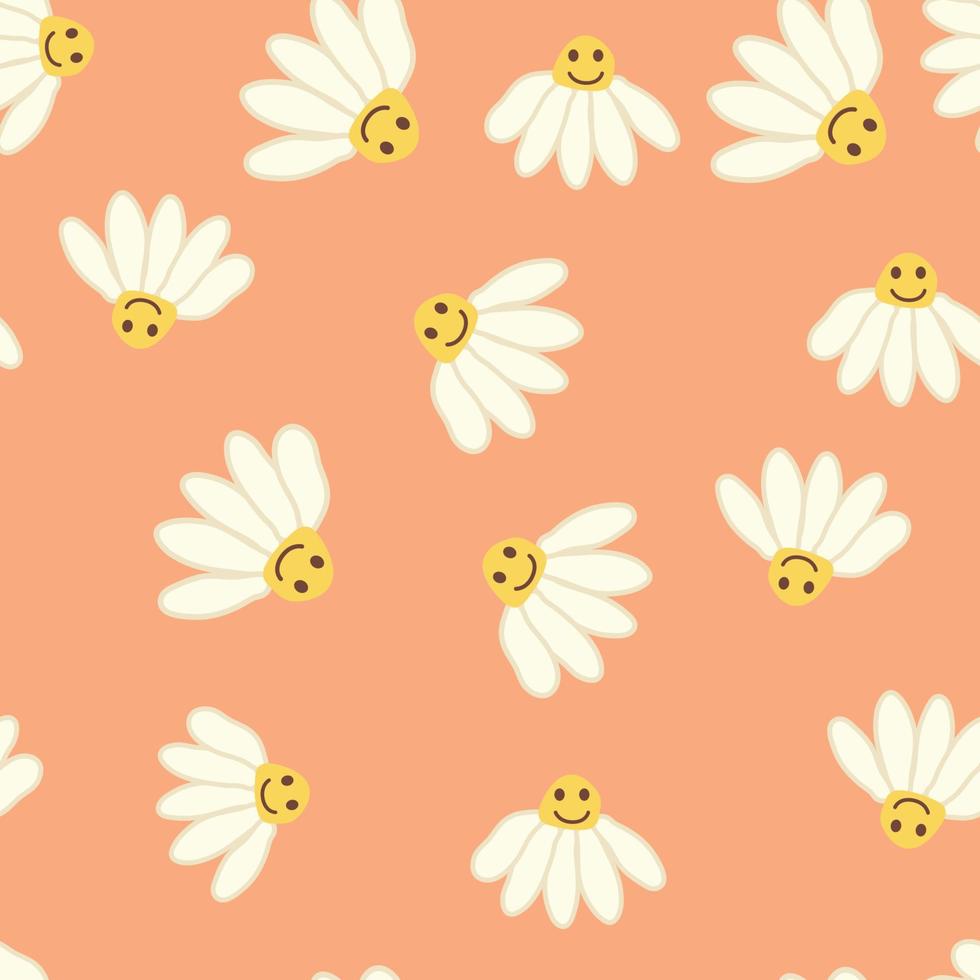 Chamomile smile 1970 pattern. Groovy daisy retro seamless pattern vector