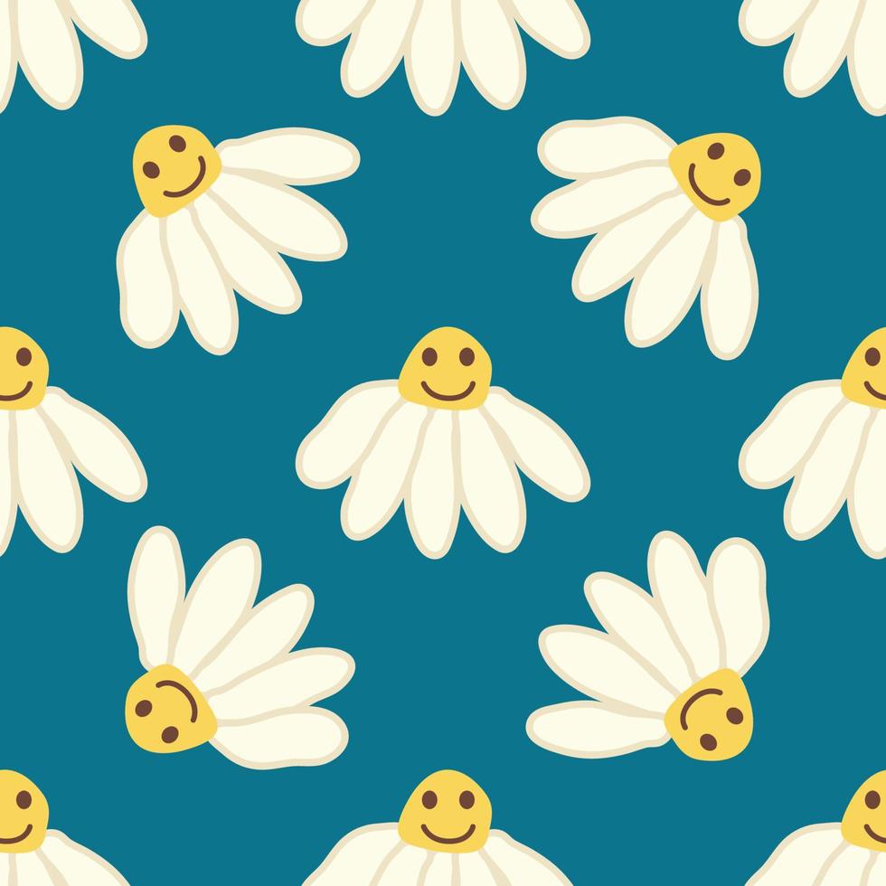 Chamomile smile 1970 pattern. Groovy daisy retro seamless pattern vector