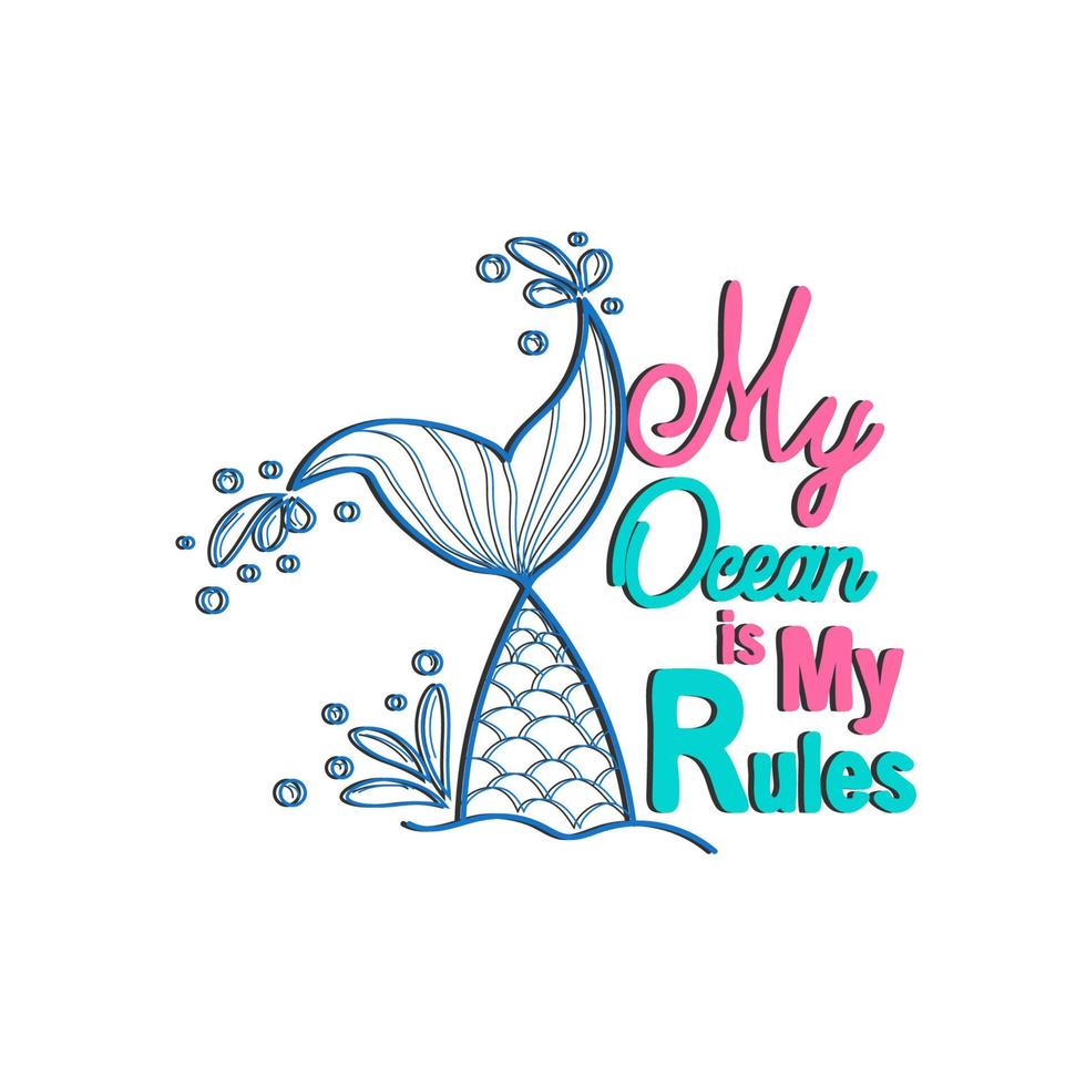 Mermaid card with hand drawn sea elements and lettering. Calligraphy summer quote with seashells, hearts and pearls. Summer print vector