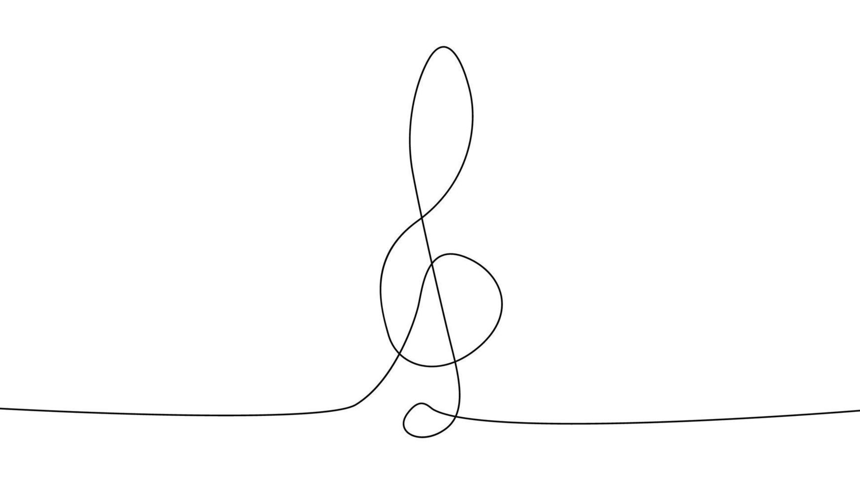 A treble clef and notes are drawn by a single black line on a white background. Continuous line drawing. illustration. vector