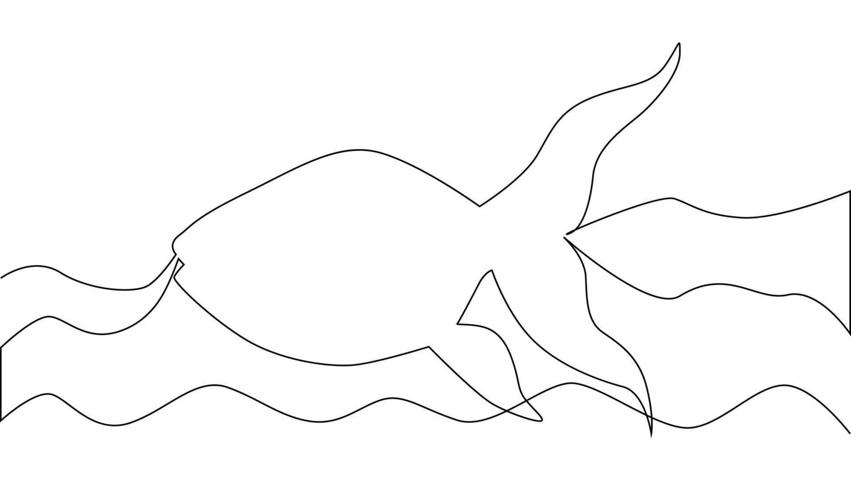 Continuous line drawing fish and waves. vector