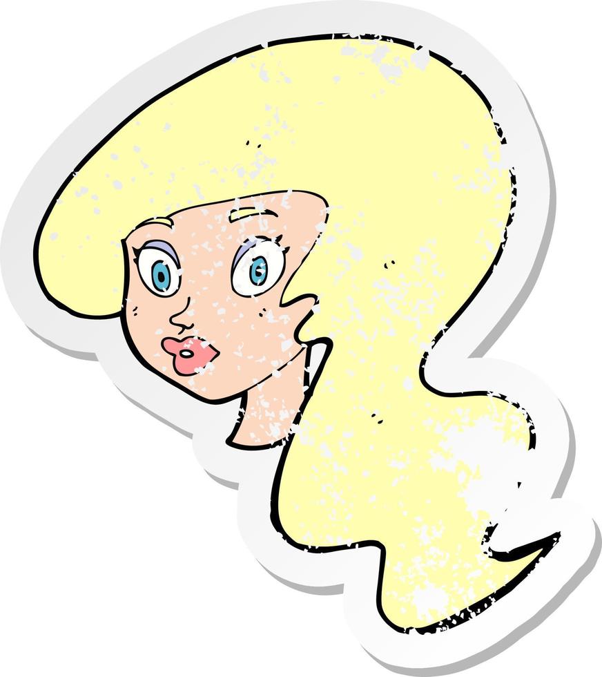 retro distressed sticker of a cartoon pretty female face vector