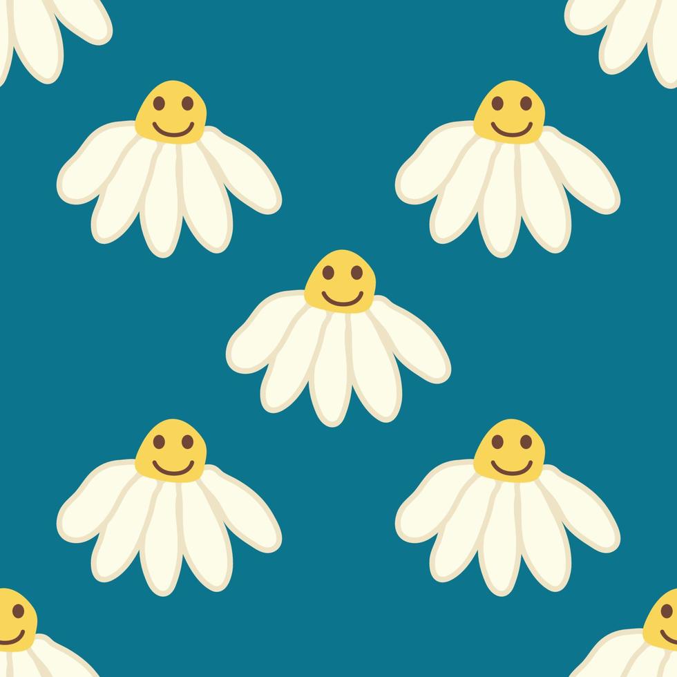Chamomile smile 1970 pattern. Groovy daisy retro seamless pattern vector